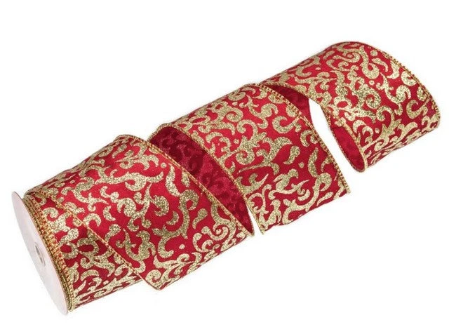 4" X 10 YD Red & Gold Swirl Ribbon Set Of 3 1 4" X 10 YD Red & Gold Swirl Ribbon Set Of 3