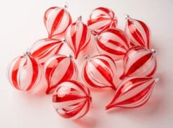 4" Red & Clear Striped Ornament Set Of 12