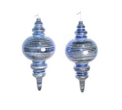 13" Blue & Silver Shiny Glitter Finial Set Of 2