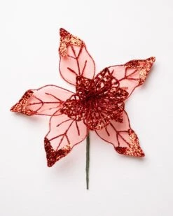 8" Poinsettia With Mesh & Glitter Set Of 6 -Christmas Decoration Shop 0671408901 1