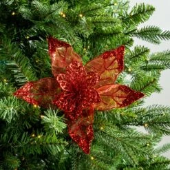 8" Poinsettia With Mesh & Glitter Set Of 6 -Christmas Decoration Shop 0671408901 2