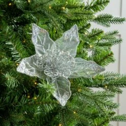 8" Poinsettia With Mesh & Glitter Set Of 6 -Christmas Decoration Shop 0671408902 2