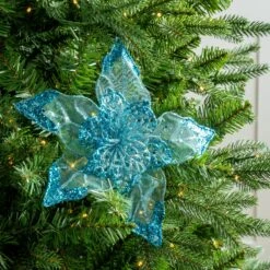 8" Poinsettia With Mesh & Glitter Set Of 6 -Christmas Decoration Shop 0671408903 2