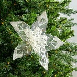 8" Poinsettia With Mesh & Glitter Set Of 6 -Christmas Decoration Shop 0671408904 2