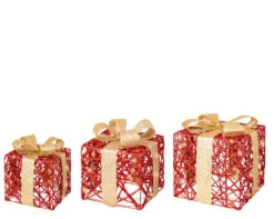 12" Red Gold Glitter Battery Operated Gift Box Set Of 3