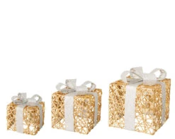 12" Gold & White Glitter Battery Operated Gift Box Set Of 3
