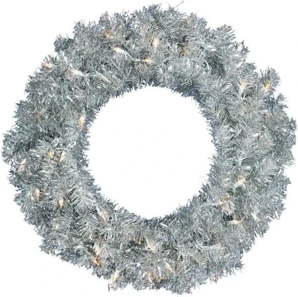 30" Laser Silver Wreath Pre-lit 100 LED Clear Lights 1 30" Laser Silver Wreath Pre-lit 100 LED Clear Lights