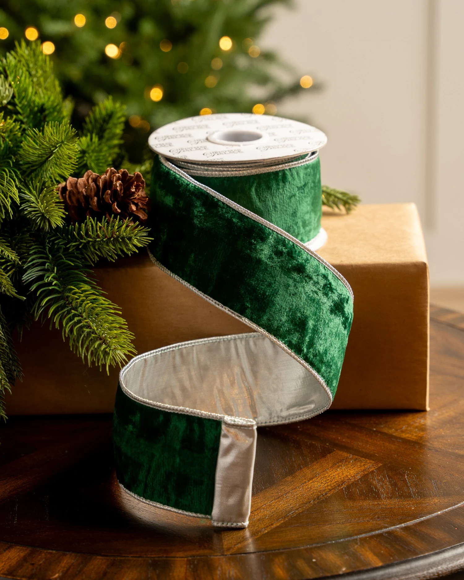 2.5" X 10YD Emerald Velvet Ribbon With Silver Back & Edge 1 2.5" X 10YD Emerald Velvet Ribbon With Silver Back & Edge