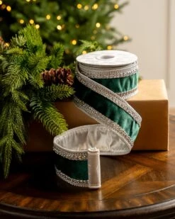 2.5" X 10YD Emerald Velvet Ribbon With Silver Back & Crochet Trim