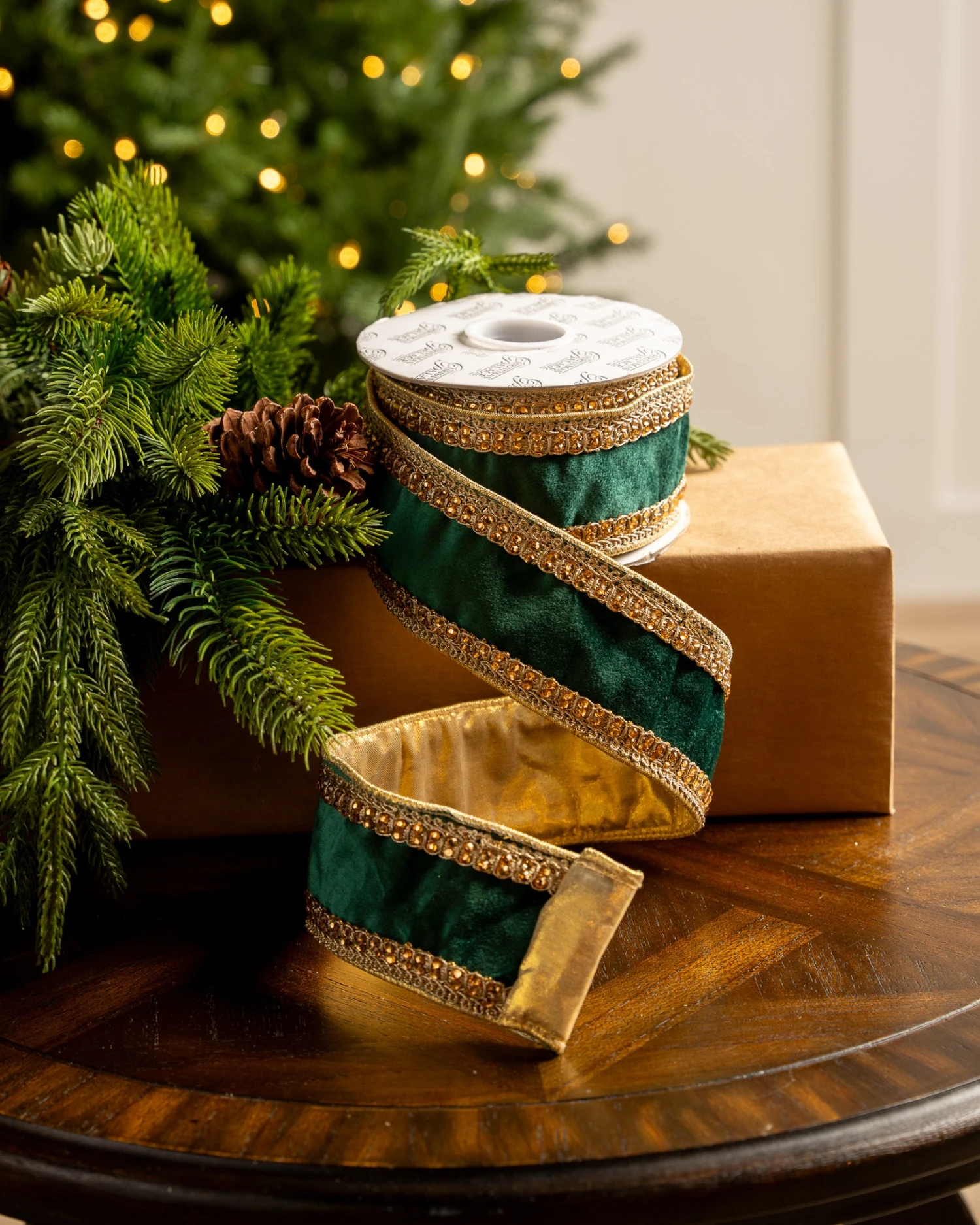 2.5" X 10YD Emerald Velvet Ribbon With Gold Back & Crochet Trim 1 2.5" X 10YD Emerald Velvet Ribbon With Gold Back & Crochet Trim