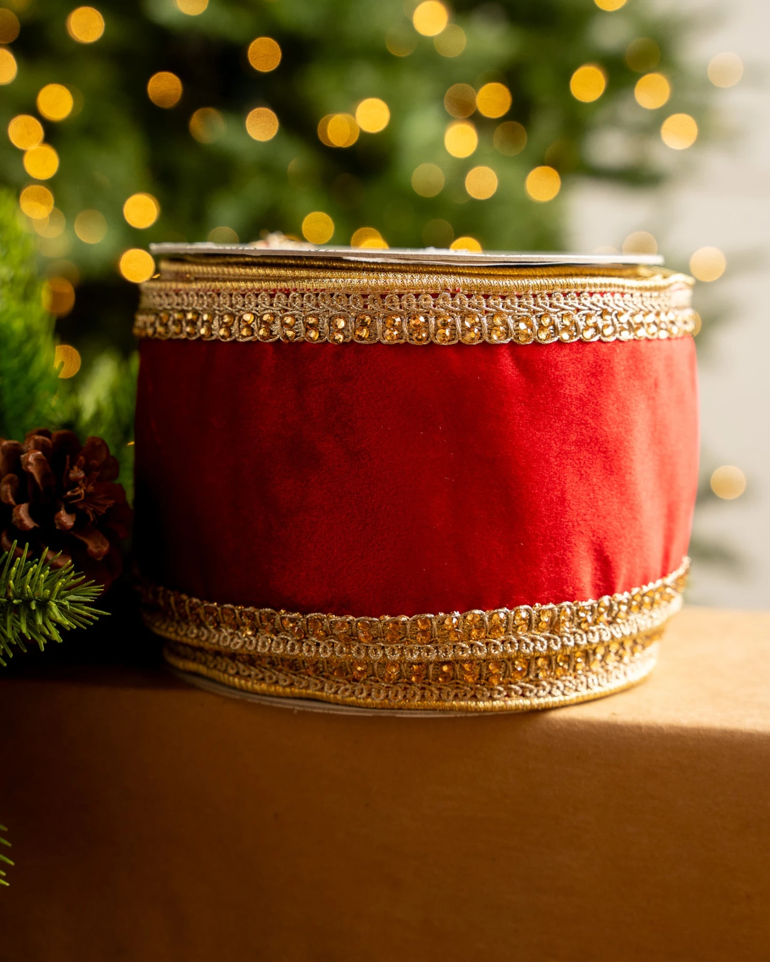 4" X10YD Red Velvet Ribbon With Gold Crotchet Trim 2 4" X10YD Red Velvet Ribbon With Gold Crotchet Trim - Image 2
