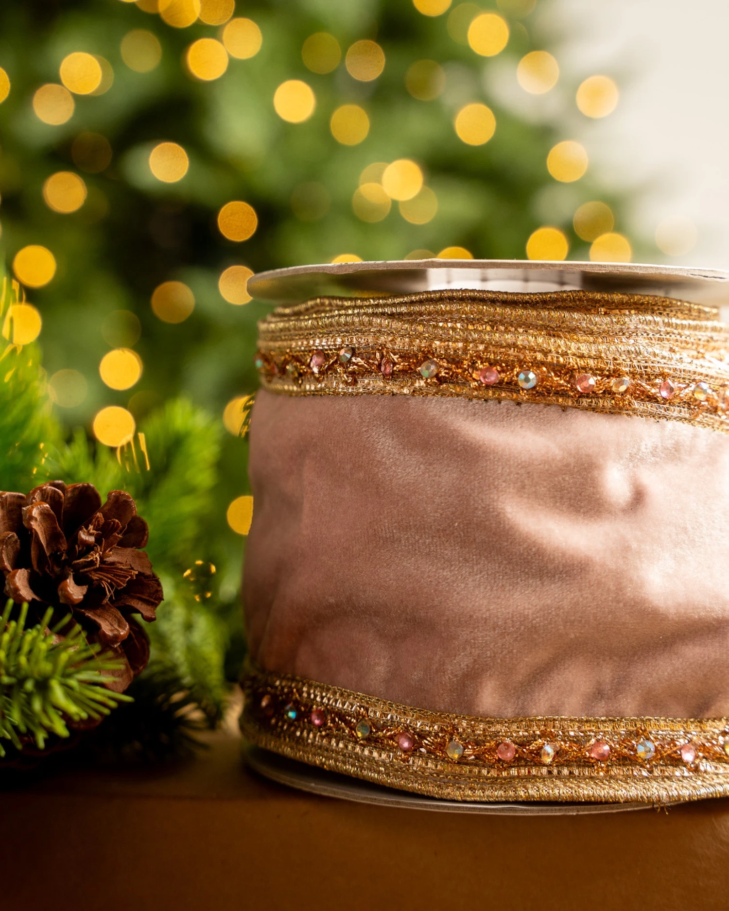 4" X5YD Rose Velvet Ribbon With Rose Gold Jewel Trim 2 4" X5YD Rose Velvet Ribbon With Rose Gold Jewel Trim - Image 2