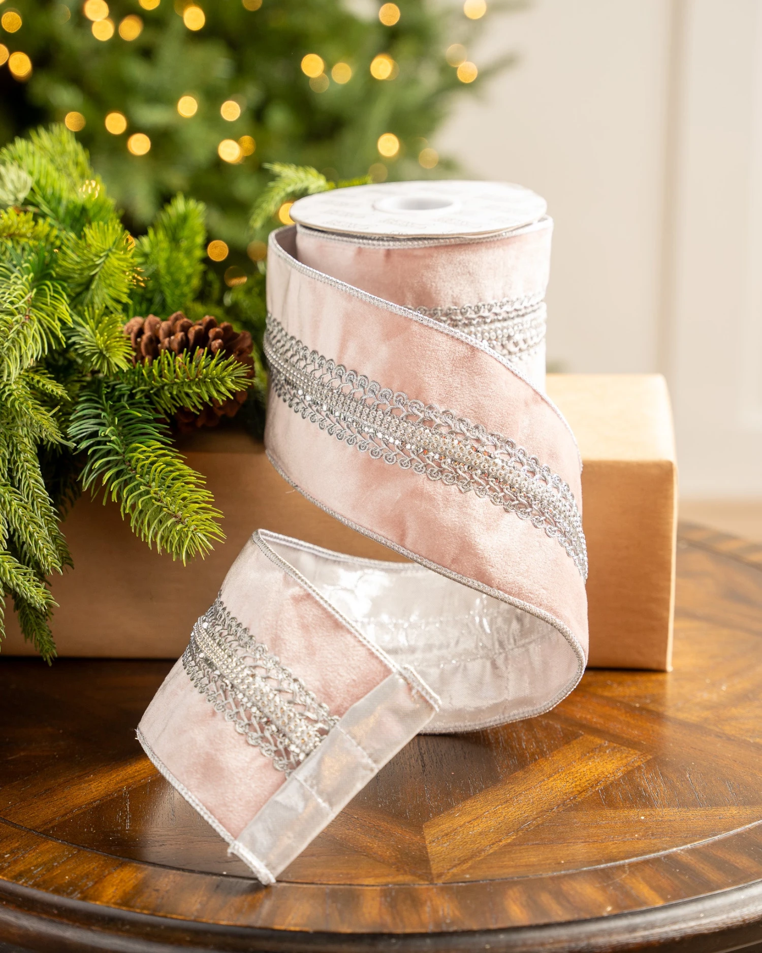 4" X5YD Blush Pink Velvet With Silver Jewels 1 4" X5YD Blush Pink Velvet With Silver Jewels