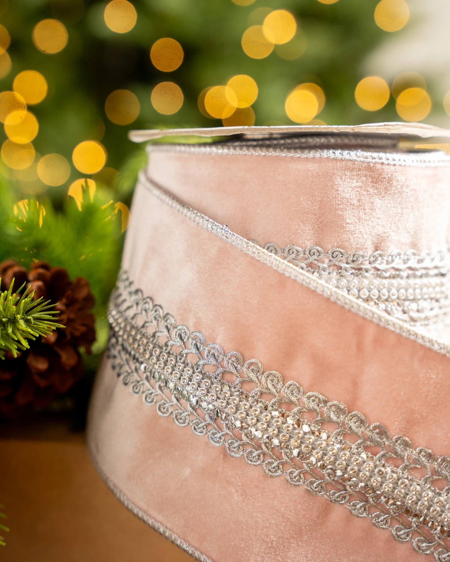 4" X5YD Blush Pink Velvet With Silver Jewels 2 4" X5YD Blush Pink Velvet With Silver Jewels - Image 2