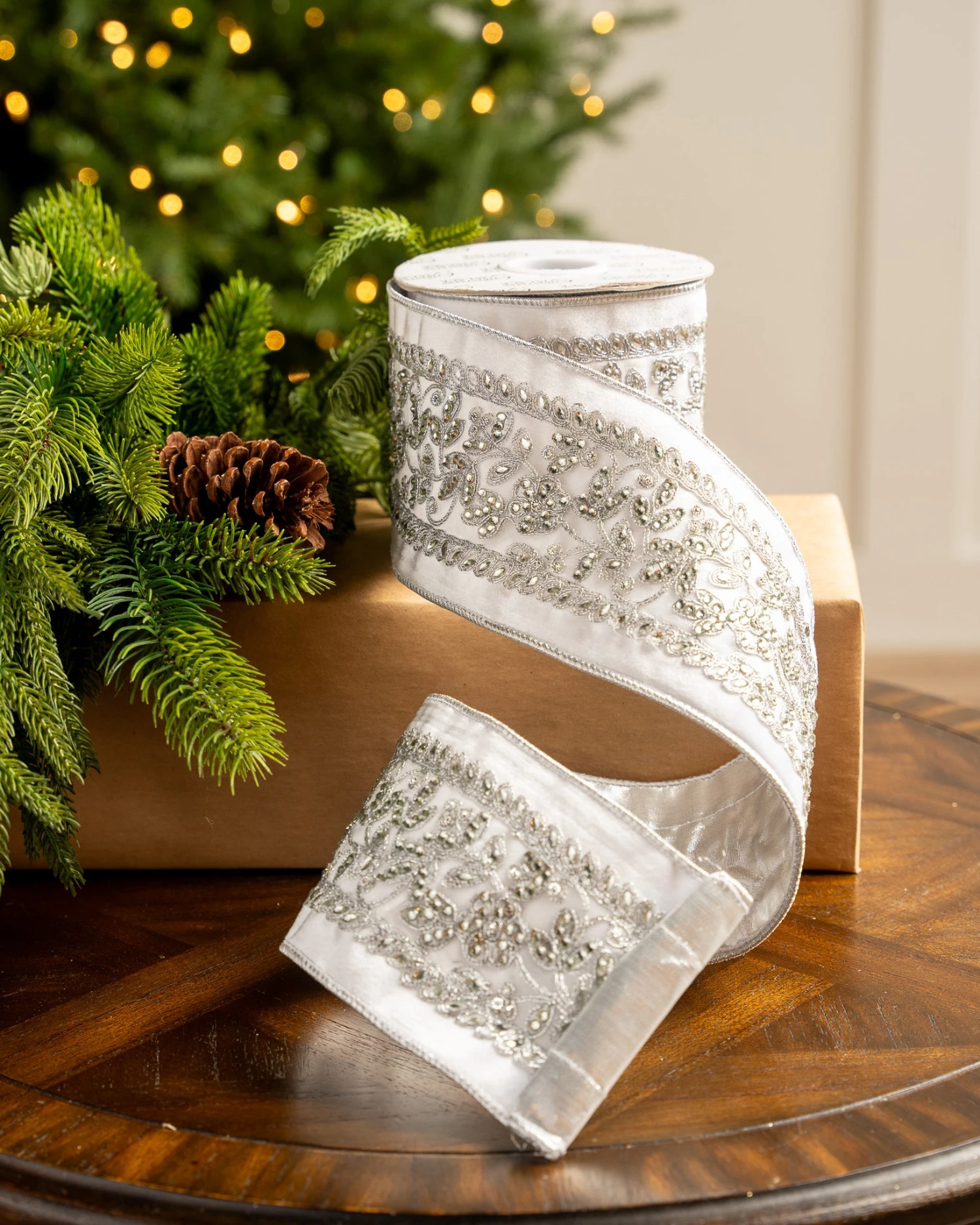 4" X5YD White Velvet Ribbon Beaded In Silver 1 4" X5YD White Velvet Ribbon Beaded In Silver