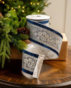 4" X5YD Navy Velvet Ribbon Beaded In Silver