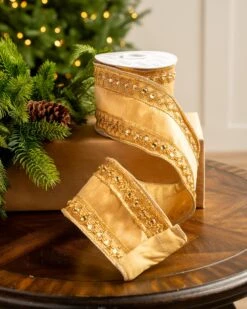4" X5YD Gold Ribbon With Beaded Trim