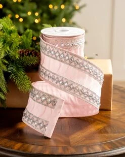 4" X5YD Pink Ribbon With Silver Beaded Trim