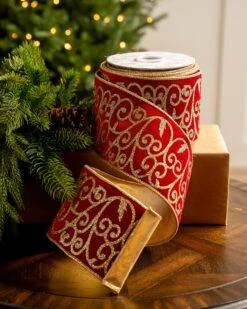 4" X10YD Red Velvet Ribbon With Glitter Gold Scroll