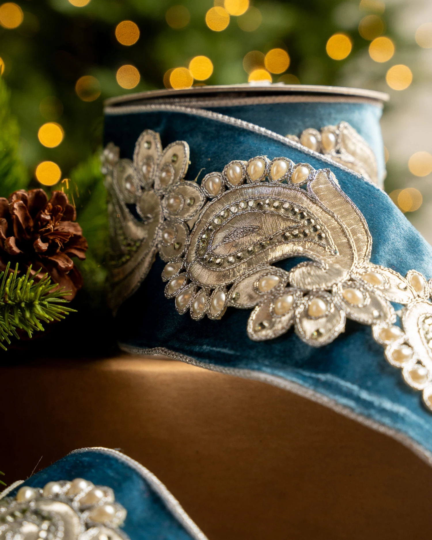 4" X5YD Blue Velvet Ribbon With Silver Jewels 2 4" X5YD Blue Velvet Ribbon With Silver Jewels - Image 2