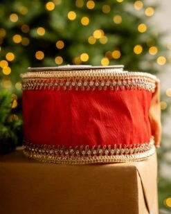 4" X5YD Red With Gold Crotchet Trim Edge