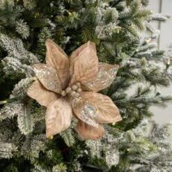 27" Taupe Velvet Sequin Poinsettia Stem Set Of 12 -Christmas Decoration Shop 4390201574 1