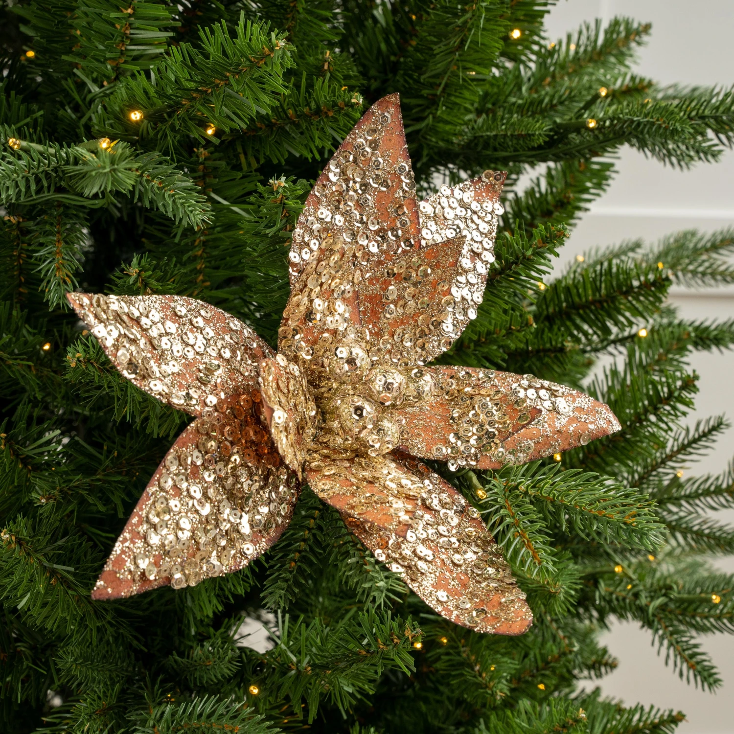 24" Gold Sequined Poinsettia Stem Set Of 12 2 24" Gold Sequined Poinsettia Stem Set Of 12 - Image 2