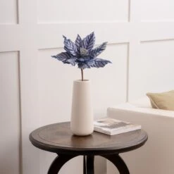 24" Blue Metallic Veined Poinsettia Stem Set Of 12 -Christmas Decoration Shop 4390302665 2