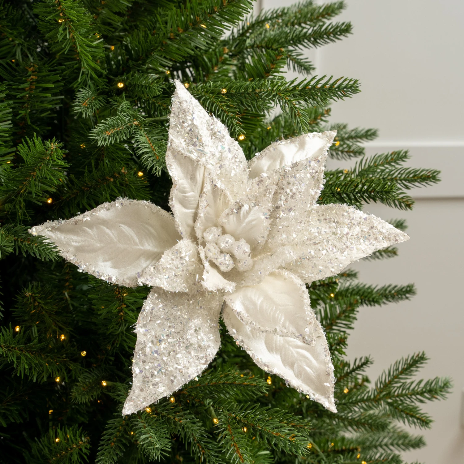 24" Silver Flake Metallic Poinsettia Stem Set Of 6 2 24" Silver Flake Metallic Poinsettia Stem Set Of 6 - Image 2