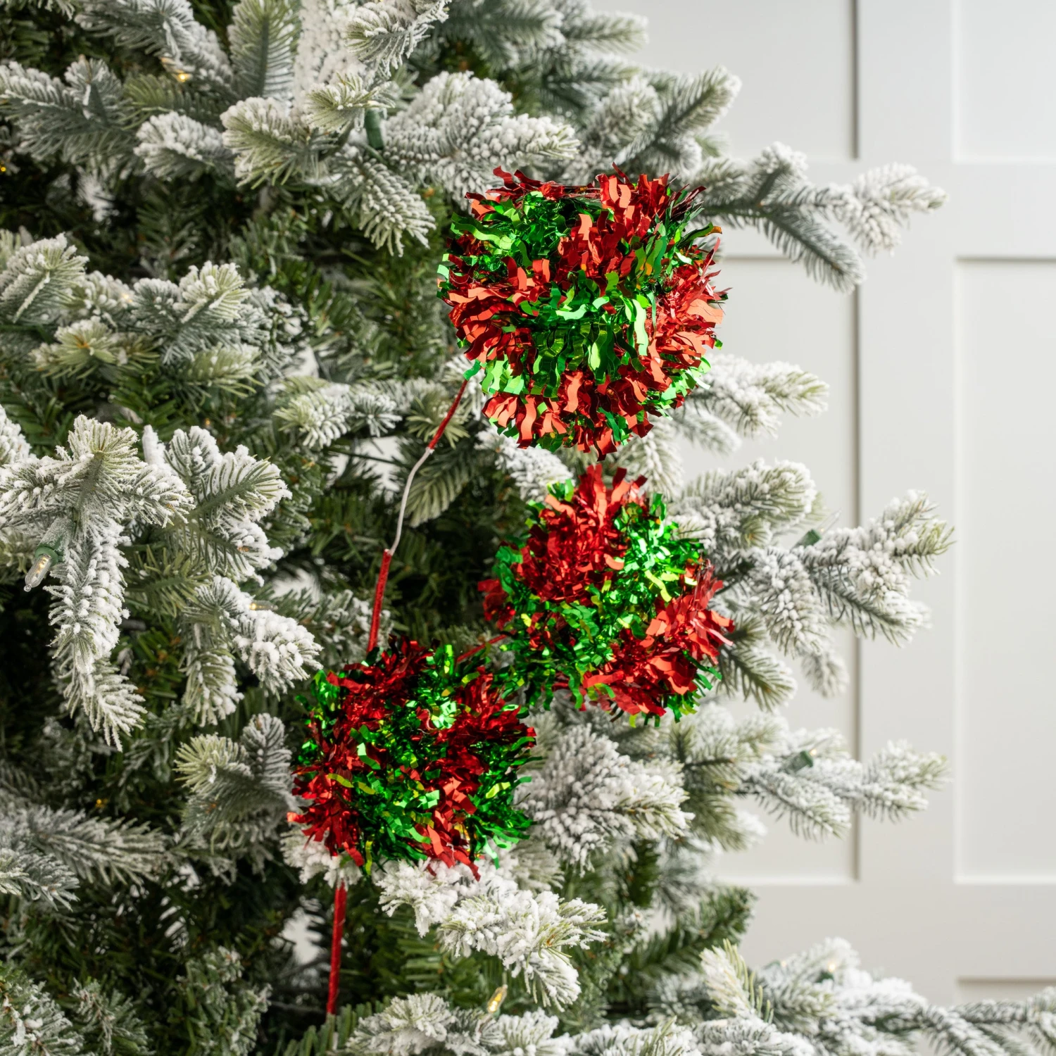 30" Red & Green Tinsel Ball Spray Set Of 6 2 30" Red & Green Tinsel Ball Spray Set Of 6 - Image 2