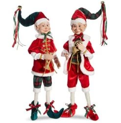 16" Red & Green Carolling Elves Set Of 2